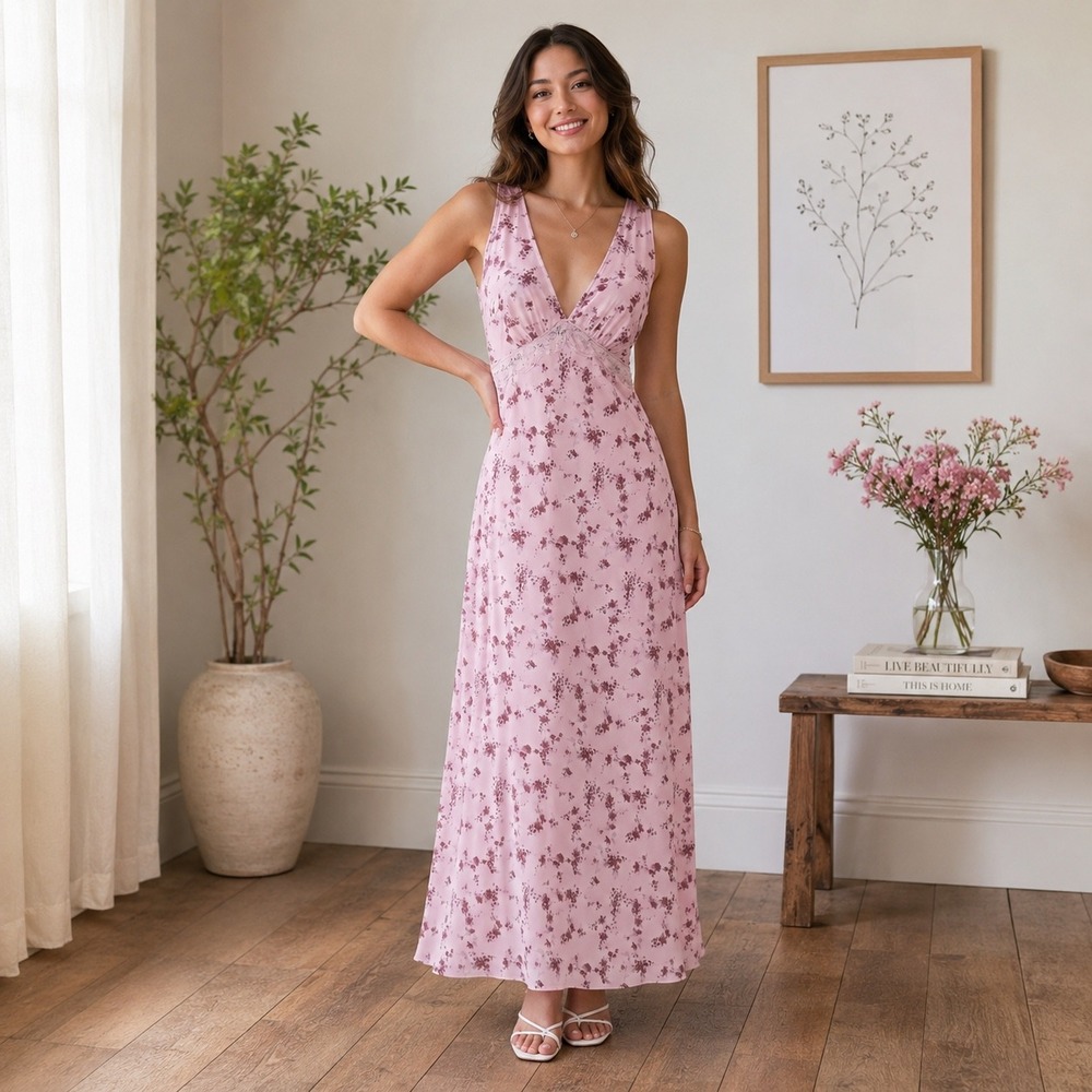 Wild Fable Floral Maxi Dress XS Pink Cottagecore Coquette Slip Lace V Neck NWT